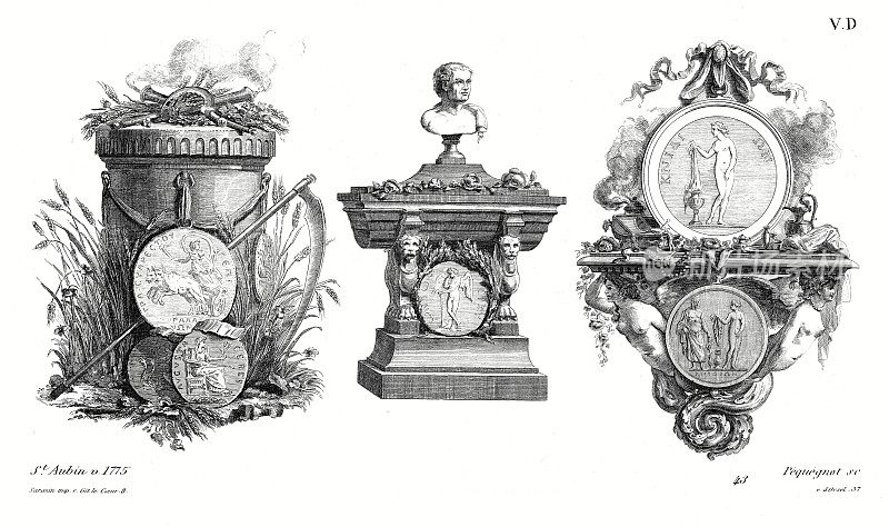古墓，控制台，圣奥宾，约1775年(3个图案)，路易十六时期，Old decoration 1875年。
